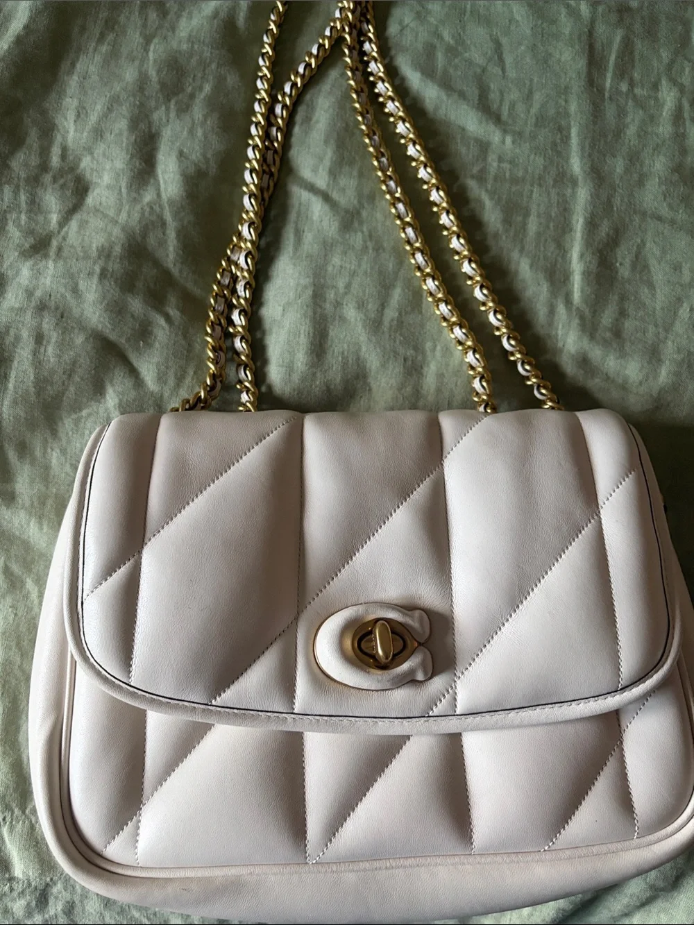Coach Cream Quilted Shoulder Bag with Gold Chain